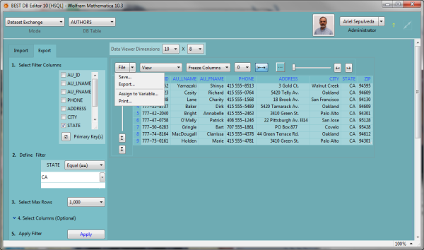 Screen shot of BEST DB Editor interface exporting data