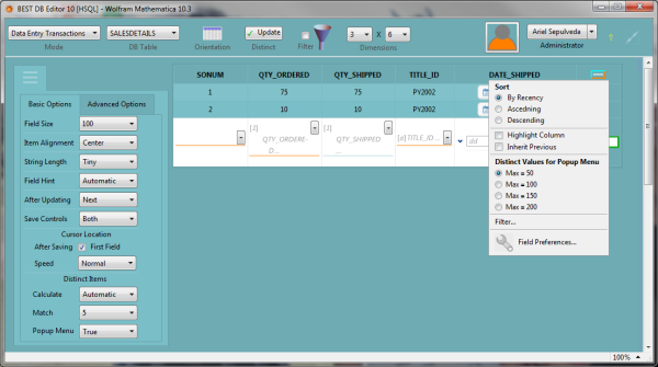 Screen shot of BEST DB Editor interface modifying working session preferences
