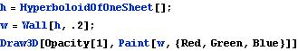 h=HyperboloidOfOneSheet[];
w=Wall[h,.2];
Draw3D[Opacity[1],Paint[w,{Red,Green,Blue}]]