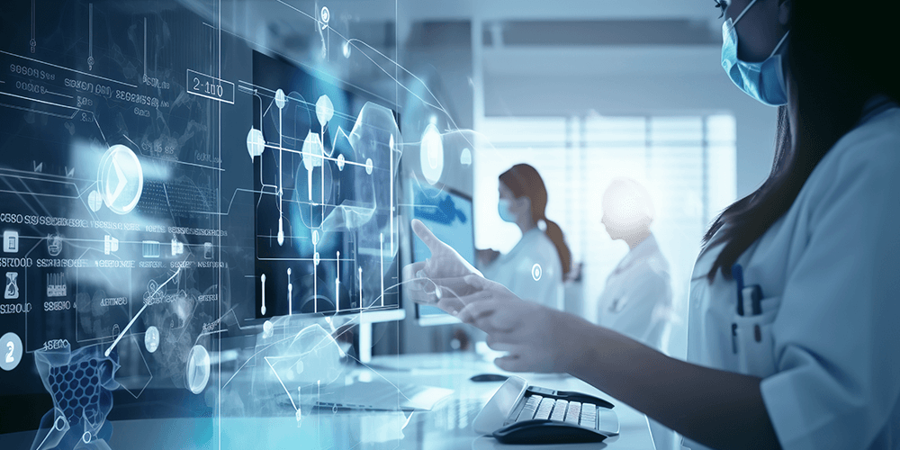 Clinician using touchscreen to analyse data