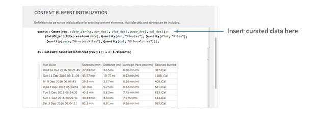 Insert curated data in the 'Content Element Initialization' section