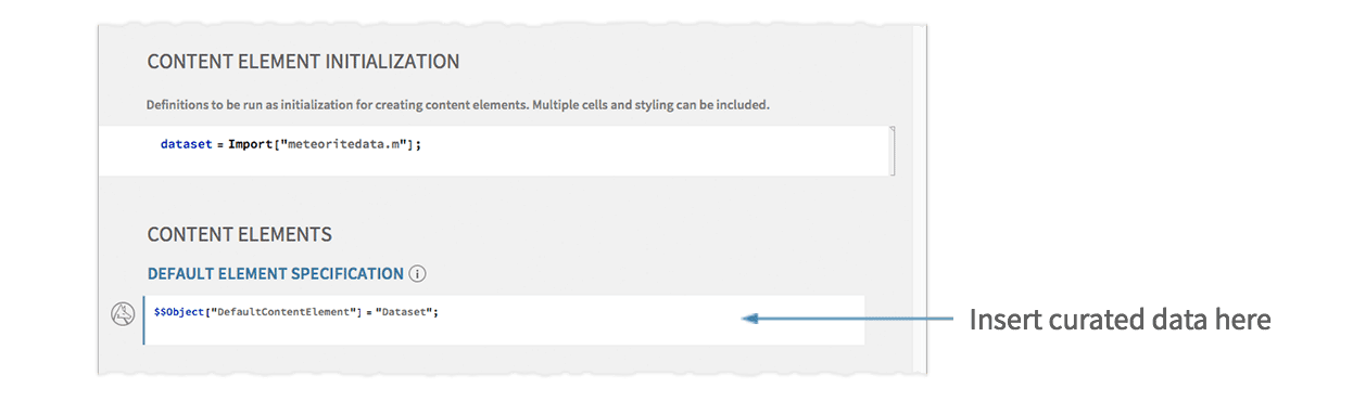 Insert curated data inside 'Default Element Specification' in the notebook