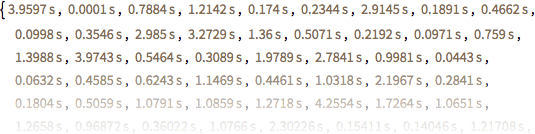 {{This gives the successive differences of elements in the last output, calculating how much time elapsed between the entries.}}