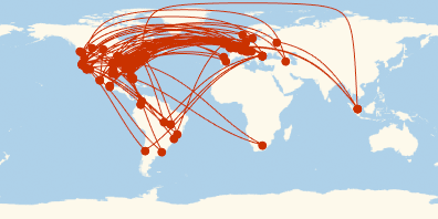 {{This combines both previous examples, but sets the Joined option on GeoListPlot to True, joining the points with GeoPaths.}}