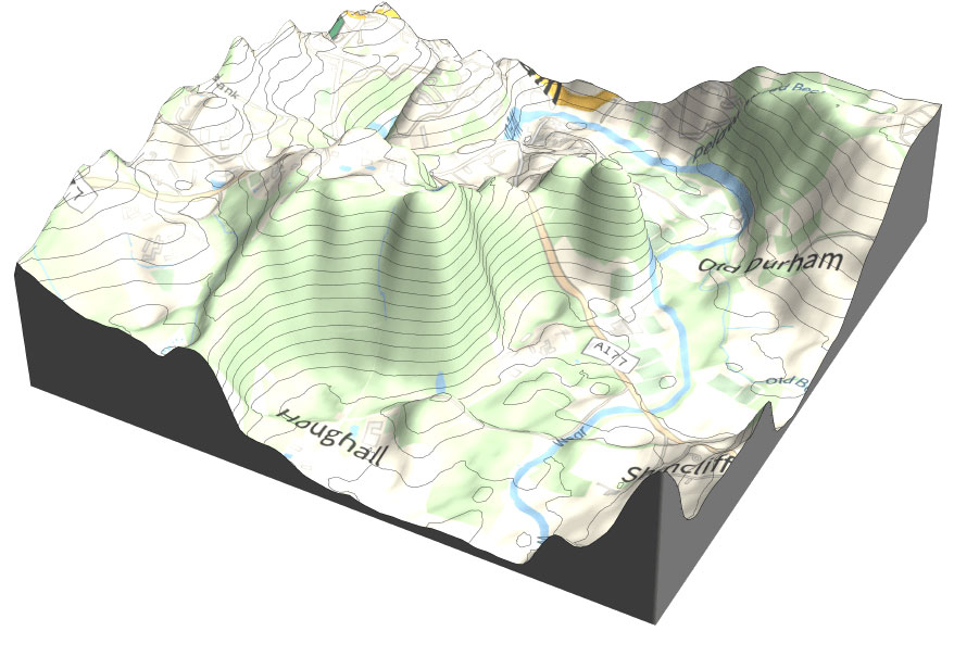 3D geo elevation graphic of the city of Durham