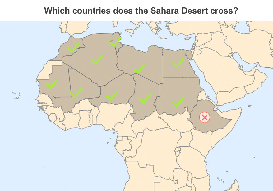 A map showing the answer to the question 'which countries does the Sahara desert cross?'