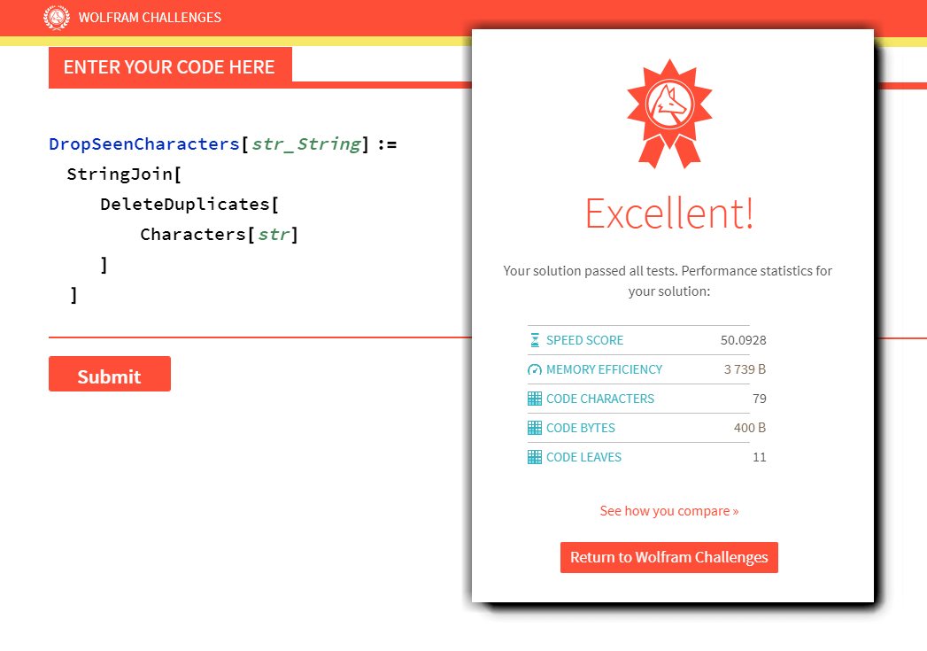 Image showing performance statistics for a student's submitted solution