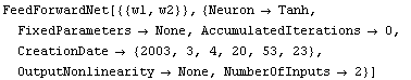 FeedForwardNet[{{w1, w2}}, {Neuron -> Tanh, 
FixedParameters -> None, AccumulatedIterations -> 0, 
CreationDate -> {2003, 3, 4, 20, 53, 23}, 
OutputNonlinearity -> None, NumberOfInputs -> 2}]