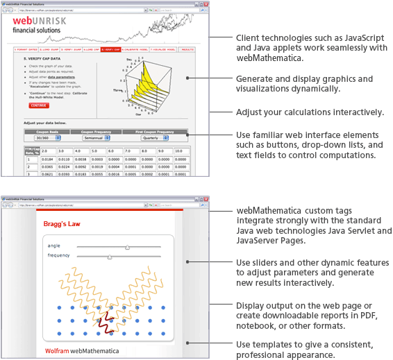 Client technologies such as JavaScript and Java applets work seamlessly with webMathematica.	 Generate and display graphics and visualizations dynamically.  Adjust your calculations interactively.  Use familiar web interface elements such as buttons, drop-down lists, and text fields to control computations.  webMathematica custom tags integrate strongly with the standard Java web technologies Java Servlet and JavaServer Pages.  Use sliders and otherdynamic features to adjust parameters and generate new results interactivity.  Display output on the web page or create downloadable reports in PDF, notebook, or other formats. Use templates to give a consistent, professional appearance.