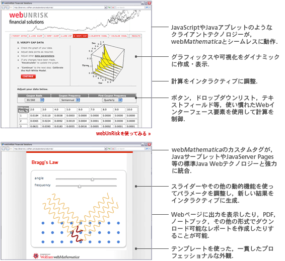 JavaScriptやJavaアプレットのようなクライアントテクノロジーが，webMathematicaとシームレスに動作．グラフィックスや可視化をダイナミックに作成・表示．計算をインタラクティブに調整．ボタン，ドロップダウンリスト，テキストフィールド等，使い慣れたWebインターフェース要素を使用．webMathematicaのカスタムタグが，JavaサーブレットやJavaServer Pages等の標準Java Webテクノロジーと強力に統合．スライダーやその他の動的機能を使ってパラメータを調整し，新しい結果をインタラクティブに生成．Webページに出力を表示したり，PDF，ノートブック，その他の形式でダウンロード可能なレポートを作成したりすることが可能．テンプレートを使って，一貫したプロフェッショナルな外観．