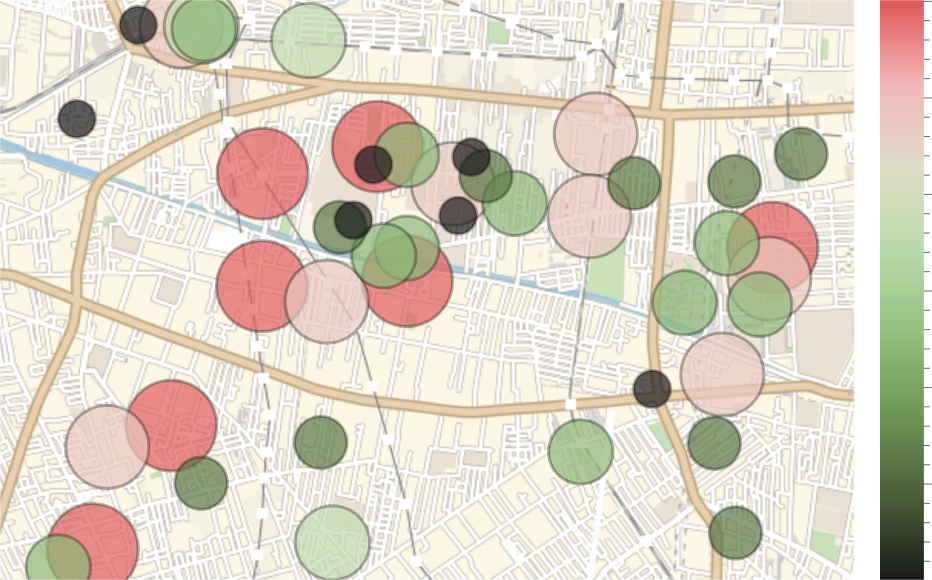 Street view map of a city with example data hotspots highlighted