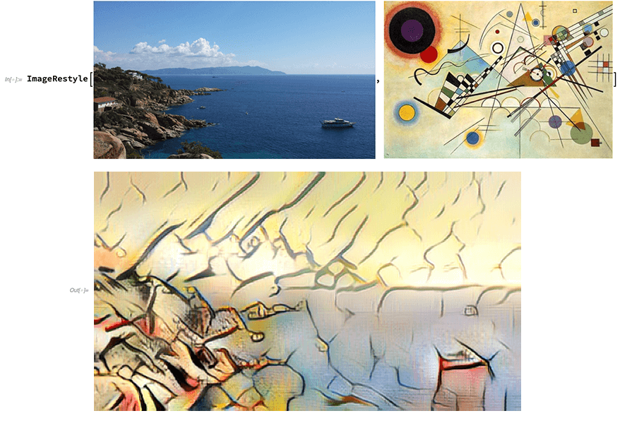 Photographic image of coastline and computer-generated restyling of the same image