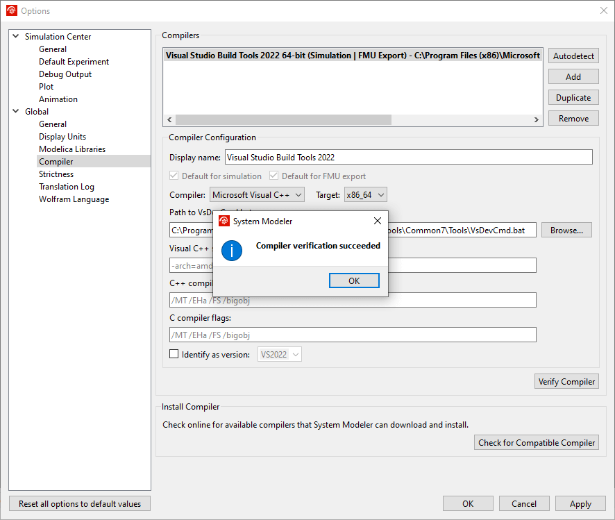 Compiler verification succeeded screen for Wolfram System Modeler