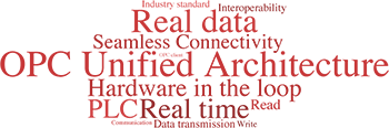 OPC UA Modelica library word cloud--OPC unified architecture, seamless connectivity, hardware in the loop